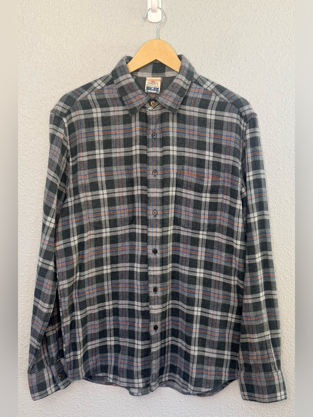 Faherty | Charcoal Grey With Blue & Orange Plaid Reversible Flannel | Medium